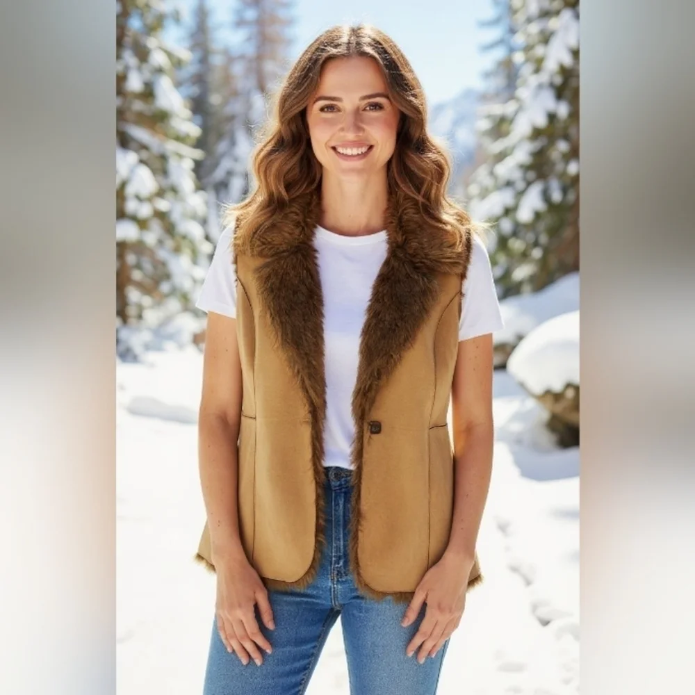 Fever -Vintage Faux Fur, Full Vest Polyester Suede, Size L Tan, 1 Button Closure - Picture 2 of 16